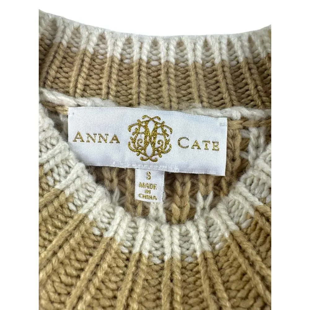 Anna Cate Alexa Sweater Size S Tan White Chunky Knit Tie Waist Puff Sleeve